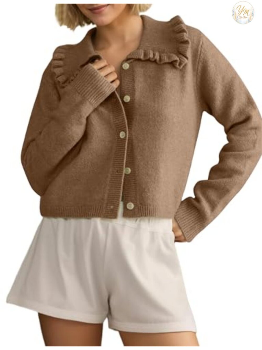 Women's Ruffle Collar Button Up Cardigan Sweater Preppy Cute Knit